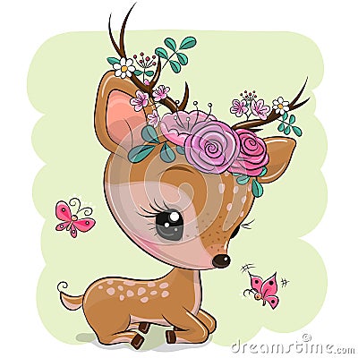Woodland Deer with flowers and butterflies on a green background Vector Illustration