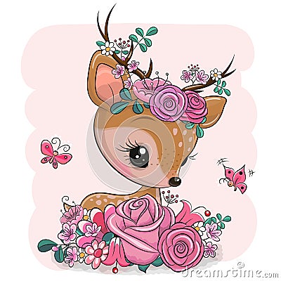 Woodland Deer with flowers and butterflies on a pink background Vector Illustration