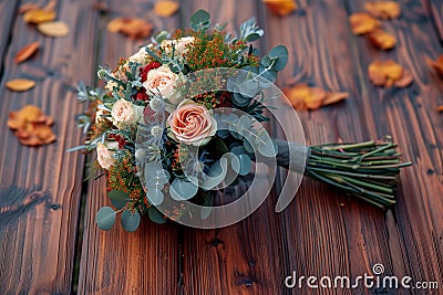 Woodland elegance close up of rustic bouquet on wooden floor Stock Photo