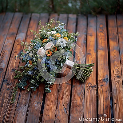 Woodland elegance close up of rustic bouquet on wooden floor Stock Photo