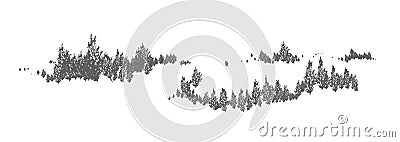 Woodland horizontal natural landscape with silhouettes of spruce, larch or fir trees. Forest panoramic view. Decorative Vector Illustration