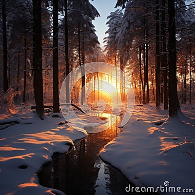 Woodland serenity at sunset, winters peaceful evening embrace Stock Photo