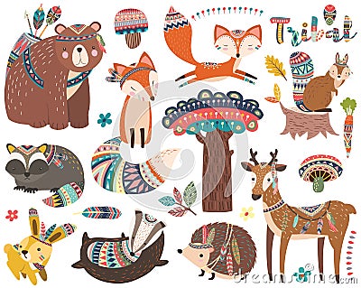 Woodland Tribal Animal Collections Set Vector Illustration