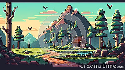 Woodland village house game scenery pixel art Stock Photo