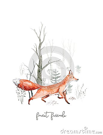 Woodland watercolor cute animals baby fox. Nursery bunny Scandinavian forest nursery fox design. Isolated character Stock Photo