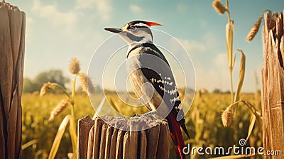 Woodpecker In Pop Culture Style: Vibrant, Colorized Portrait On A Farm Stock Photo