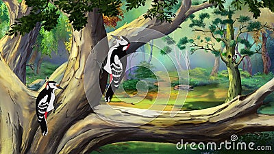 Woodpeckers in a Forest. Cartoon Illustration