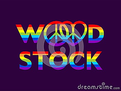 Woodstock colorful lettering and hippie peace symbols with rainbow for t shirt print, party poster, bag and other design on dark p Vector Illustration