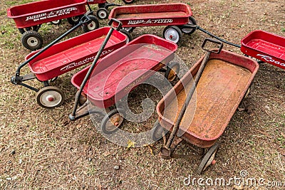Woodstock, Georgia/USA-10/09/20 Radio flyer red wagons parked in a group outdoors Editorial Stock Photo