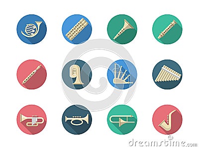 Woodwind and brass instruments round icons Stock Photo