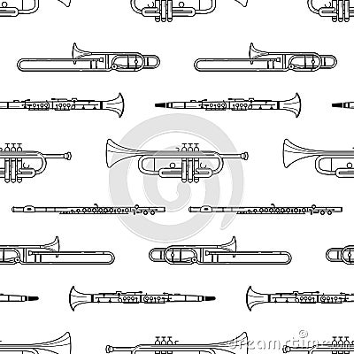 Woodwind instruments hand drawn outline seamless pattern Vector Illustration