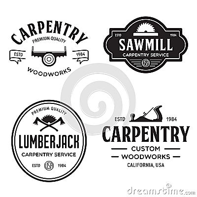 Woodwork badges. Set of carpentry, woodworkers, lumberjack, sawmill service monochrome vector labels, emblems and logos Cartoon Illustration