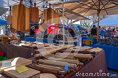 Woodwork stall at Salamanca market in Hobart Editorial Stock Photo
