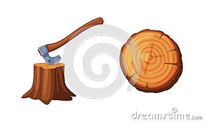 Woodworker and lumberjack objects set. Stump and axe cartoon vector illustration Vector Illustration