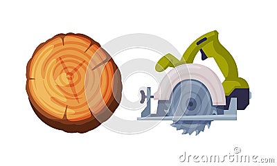 Woodworker and lumberjack objects set. Stump and circular saw vector illustration Cartoon Illustration