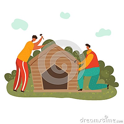 Woodworker man at workplace with hummers building wooden house, flat vector illustration isolated on white. Two men Vector Illustration