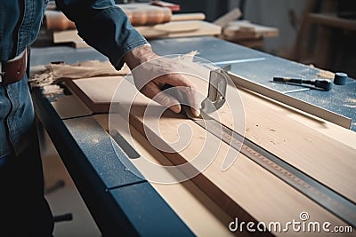 woodworker, sawing board to precise measurements with calibrated saw Stock Photo