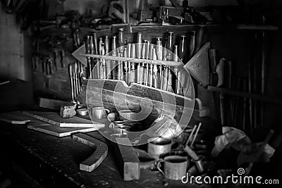 Woodworking bench with old Tools Stock Photo