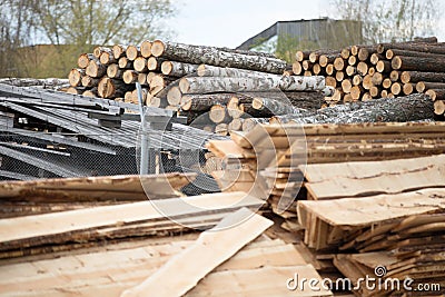 .Woodworking factory. Logs and boards are piled up in a heap.Wood in production Stock Photo