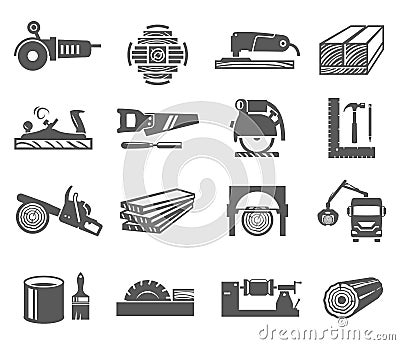 Woodworking industry bold black silhouette icons set isolated on white. Carpentry, joinery tools. Vector Illustration