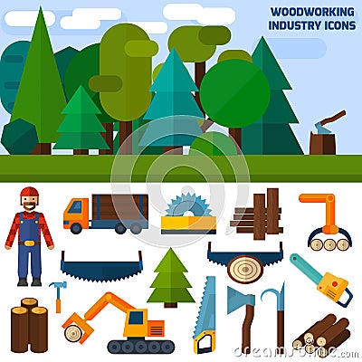 Woodworking Industry Icons Vector Illustration