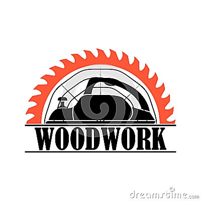 Woodworking and sawmill logo. Electric planer with circular saw blade for wood. Black silhouette. Isolated vector clipart. Vector Illustration