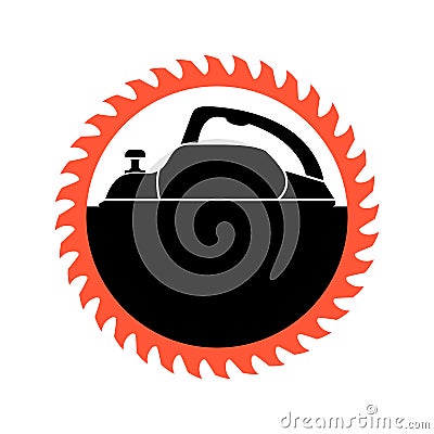 Woodworking and sawmill logo. Electric planer with circular saw blade for wood. Black silhouette. Isolated vector clipart. Vector Illustration