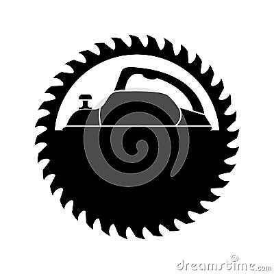 Woodworking and sawmill logo. Electric planer with circular saw blade for wood. Black silhouette. Isolated vector clipart. Vector Illustration