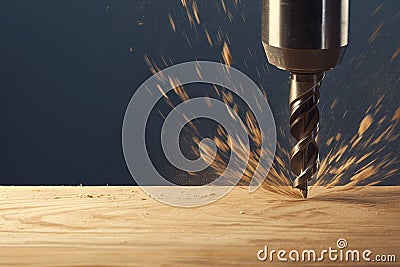 Woodworking scene Metal drill bit making holes in wooden surface Stock Photo