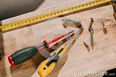 Woodworking tolls, chisels and mallet on a workbench Stock Photo