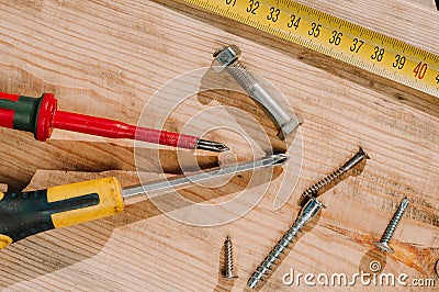 Woodworking tolls, chisels and mallet on a workbench Stock Photo