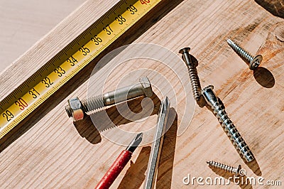 Woodworking tolls, chisels and mallet on a workbench Stock Photo