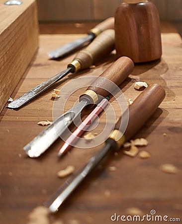 Woodworking Tools on Wooden Work Bench in Bavaria Germany Stock Photo