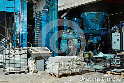 Woodworking workshop interior with equipment and product packaging Stock Photo