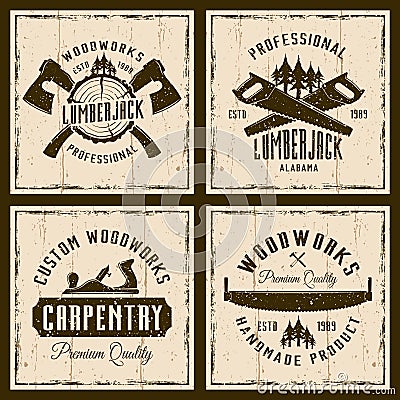 Woodworks and carpentry four colored retro emblems Vector Illustration