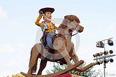 Woody from Toy Story on a rocking horse on float in Disneyland Parade Editorial Stock Photo