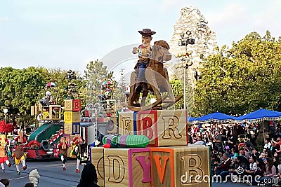 Woody from Toy Story on a rocking horse on float in Disneyland Parade Editorial Stock Photo