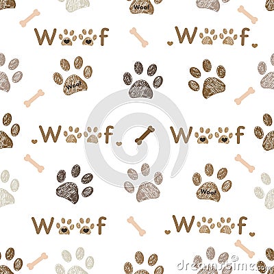 Woof text with paw print seamless pattern Vector Illustration