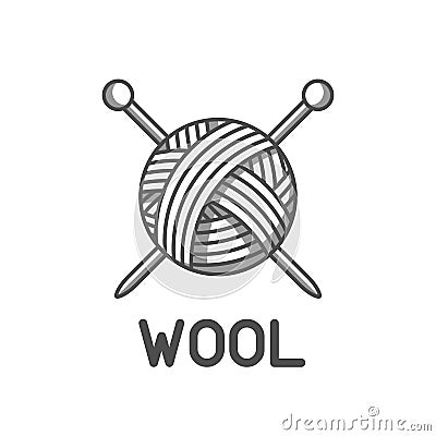 Wool emblem with with ball of yarn and knitting needles. Label for hand made, knitting or tailor shop Vector Illustration