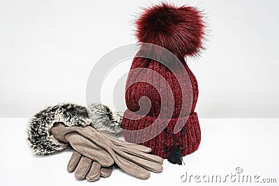 Wool hat and woman gloves for winter Stock Photo