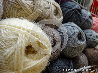 Wool skein thread multicolored gray needlework counter hobby Stock Photo