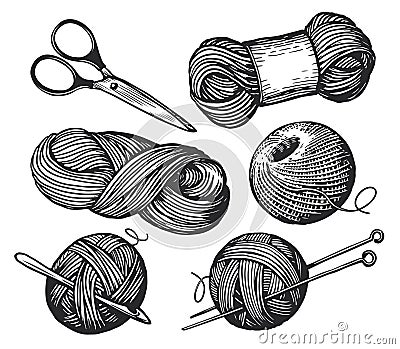 Wool yarn sketch. Handmade needlework design elements. Knitting tools set. Hand drawn vintage vector illustration Vector Illustration