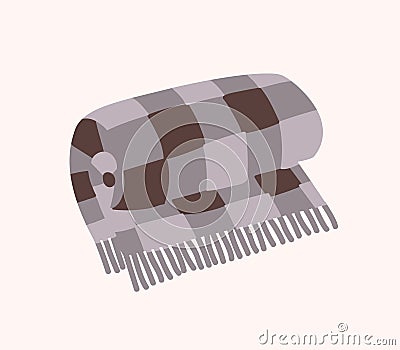 Woolen checkered plaid with fringe or warm rolled tartan blanket isolated on white background. Home decoration in Hygge Vector Illustration