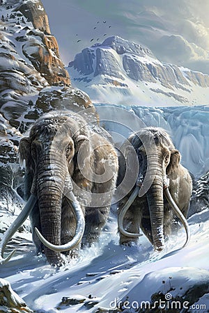 Woolly mammoths, prehistoric animals in frozen ice age landscape. Ice age megafauna Stock Photo