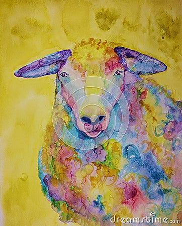 Wooly colourful sheep with gold background. Stock Photo