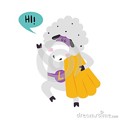 Wooly Sheep Animal Superhero Dressed in Mask and Cape Saying Hi Vector Illustration Vector Illustration
