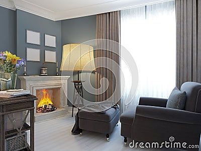 Lichtblauwe woonkamer met witte bank en open haard stock foto ... Openhaard fireplaces woonkamer