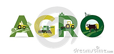 Word AGRO about Agriculture. Template for banner, annual report Vector Illustration
