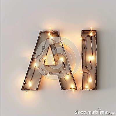 The word AI spelled out with glowing lightbulbs on bright background, ideas driven by AI. Stock Photo