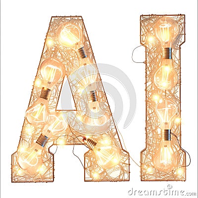 The word AI spelled out with glowing lightbulbs on bright background, ideas driven by AI. Stock Photo